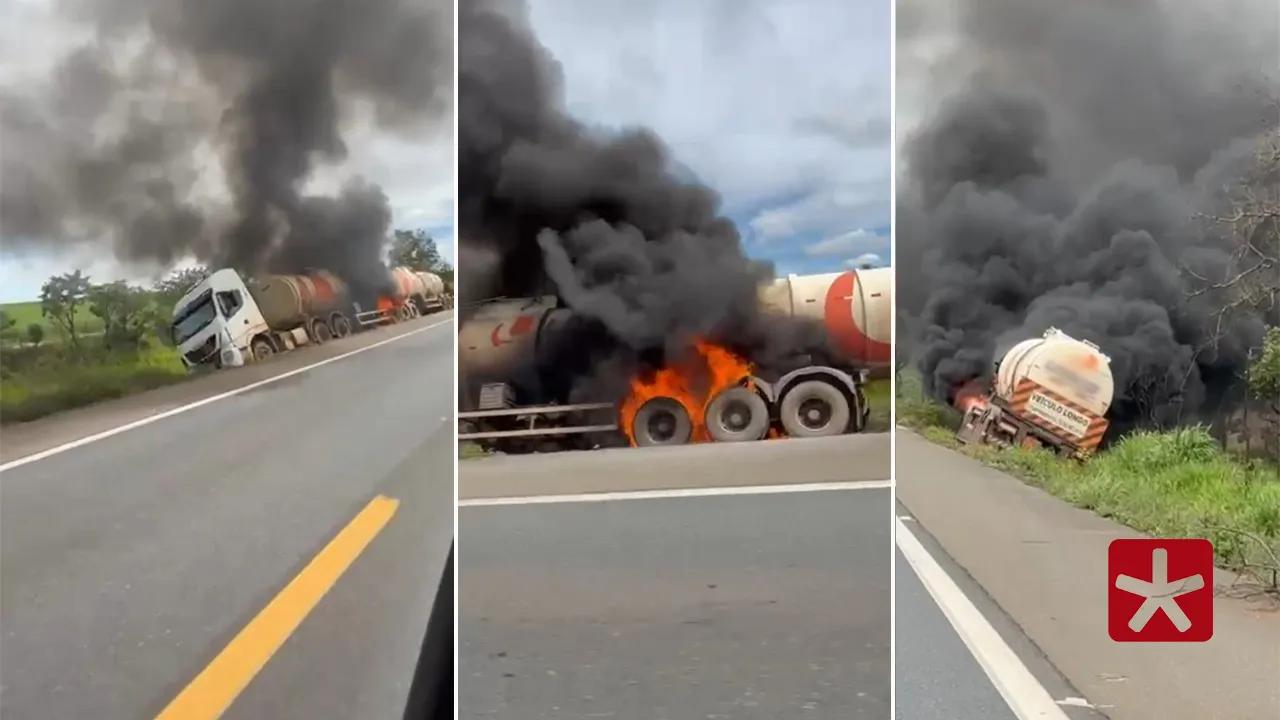 Carreta carregada com combustível pega fogo na BR-365